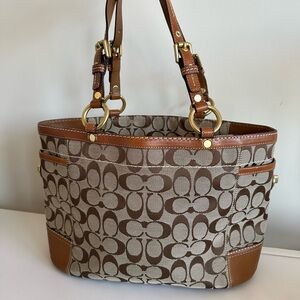Coach Brown and Tan Signature Tote with Leather Trim 11237